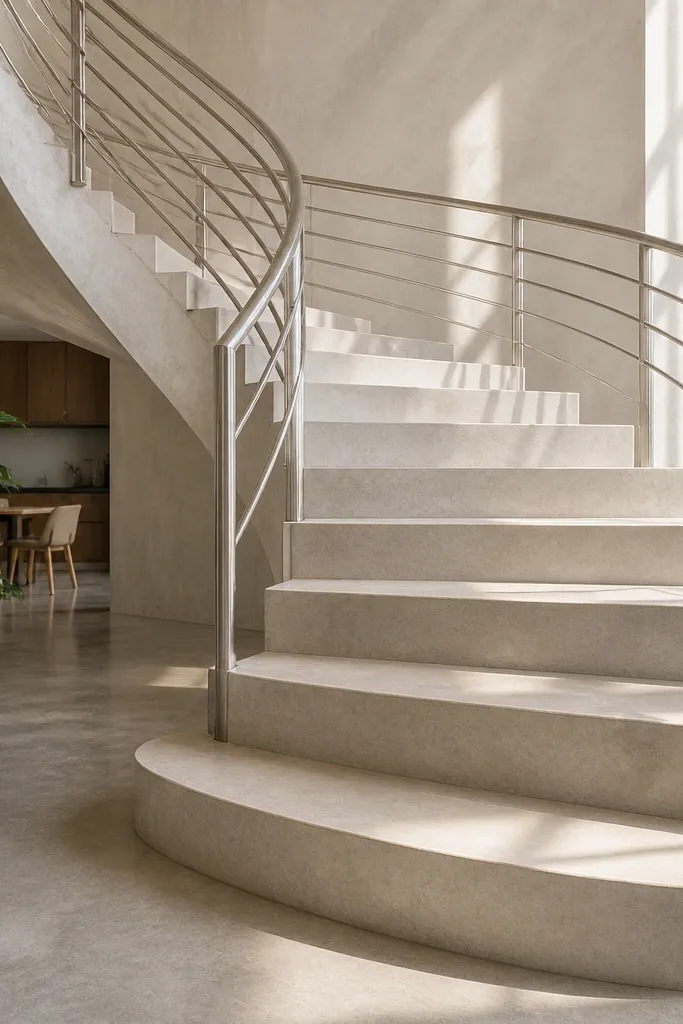 Warm white spiral staircase with concrete steps and a brushed nickel handrail