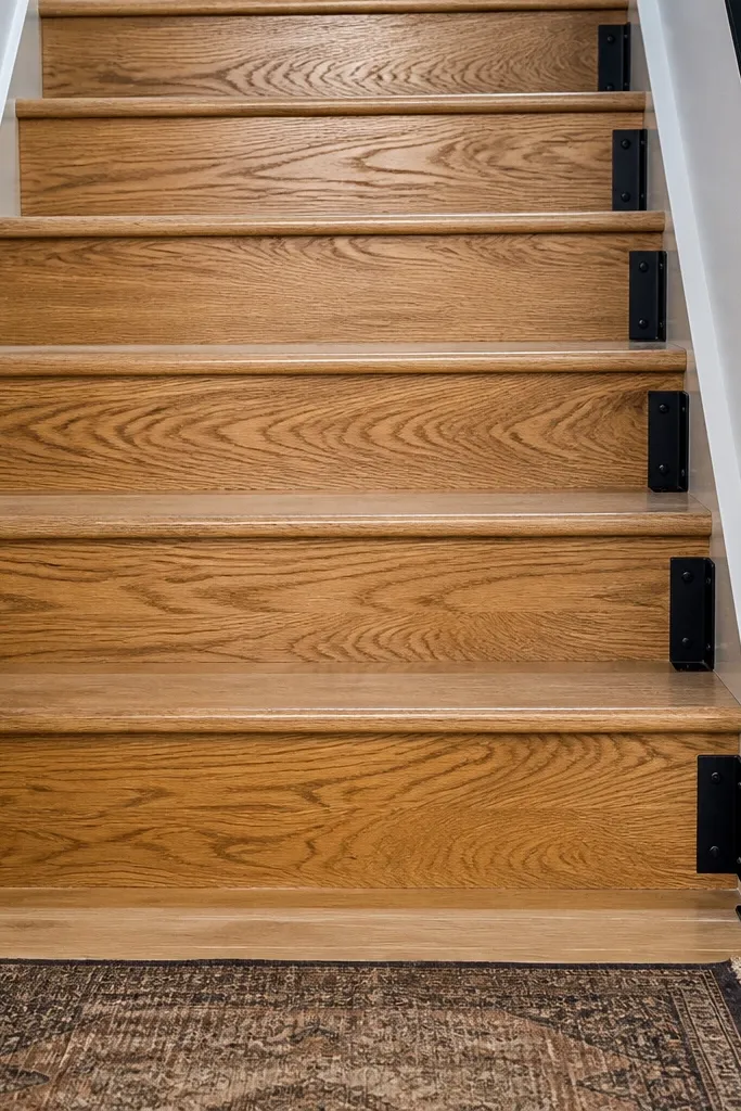 Natural oak spiral staircase with satin-finished treads and black handrail hardware