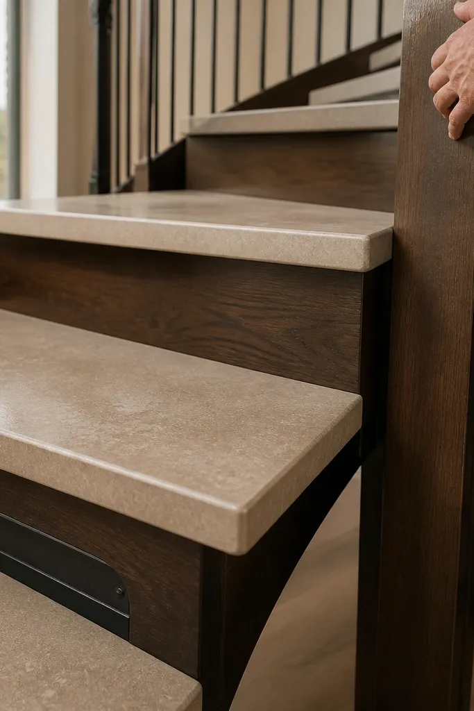 Espresso stained spiral staircase with ceramic-tile top treads and a matching rail