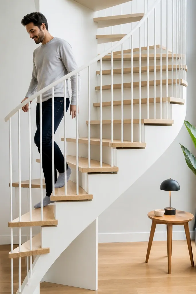 Light oak spiral staircase with white powder-coated rail and clean white treads