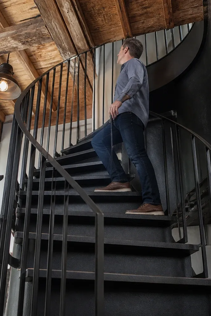 Rustic black spiral staircase with sealed HPL step surfaces and a black rail