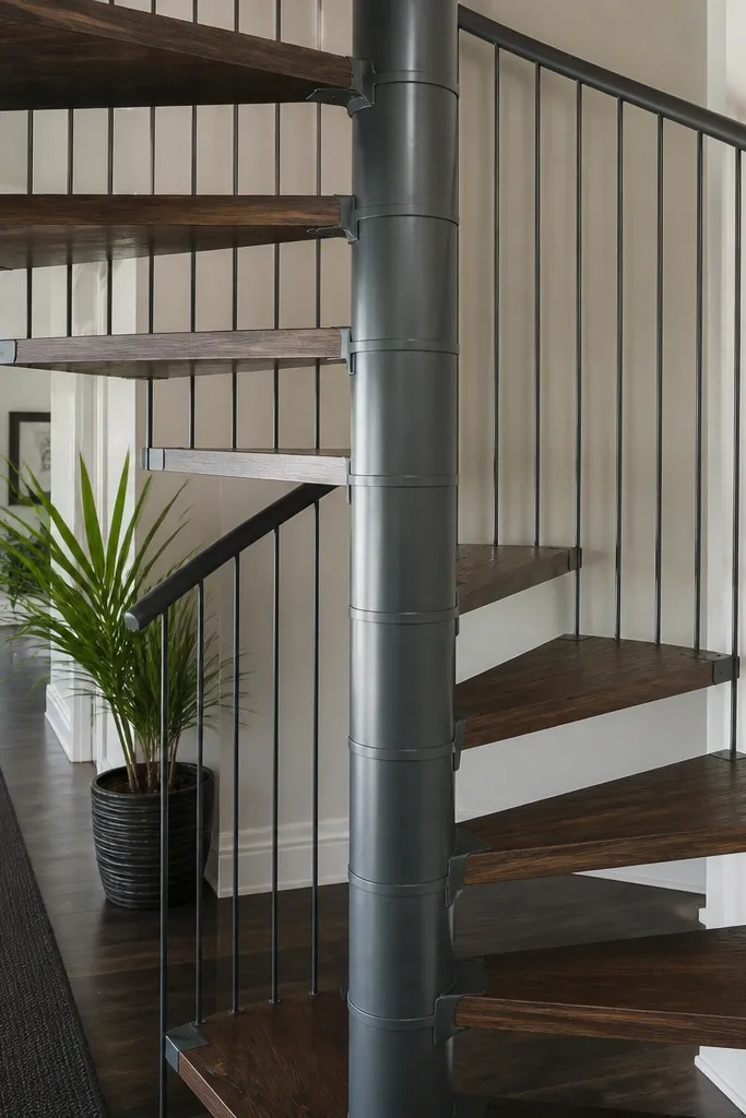 Graphite gray spiral staircase with walnut veneer treads and a graphite handrail