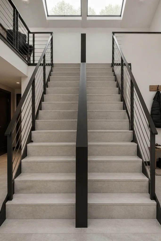 Black spiral staircase center column with stone-look treads and a simple black rail