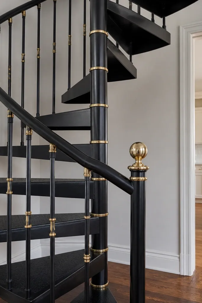 Black spiral staircase with brass accents and anti-fingerprint coated treads