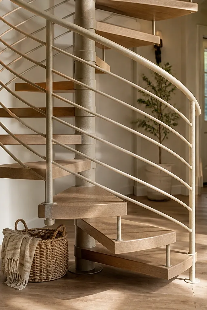 Sand beige spiral staircase with micro-textured rail and sealed wood treads