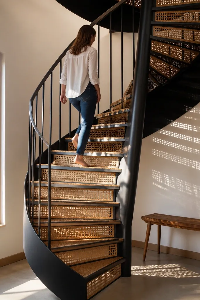 Black spiral staircase with rattan-style tread inserts and a wipe-clean liner