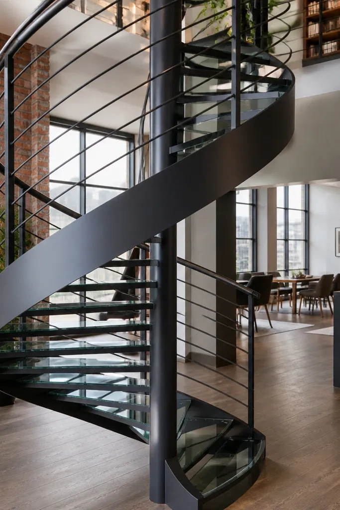 Graphite spiral staircase with dark smoke glass tread inserts and a graphite rail