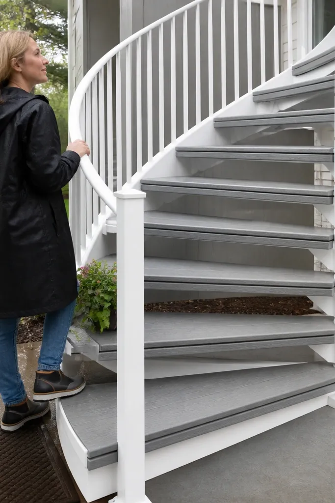 White spiral staircase with gray composite treads and a clean gray handrail