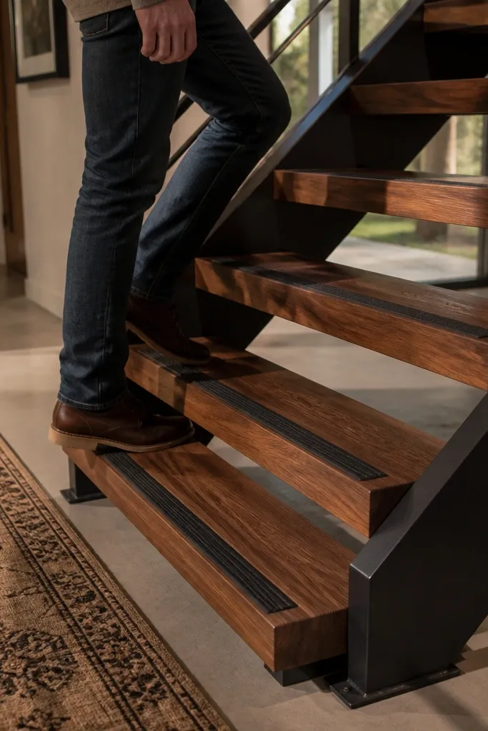 Walnut veneer spiral staircase with matte black steel and anti-slip tread strips