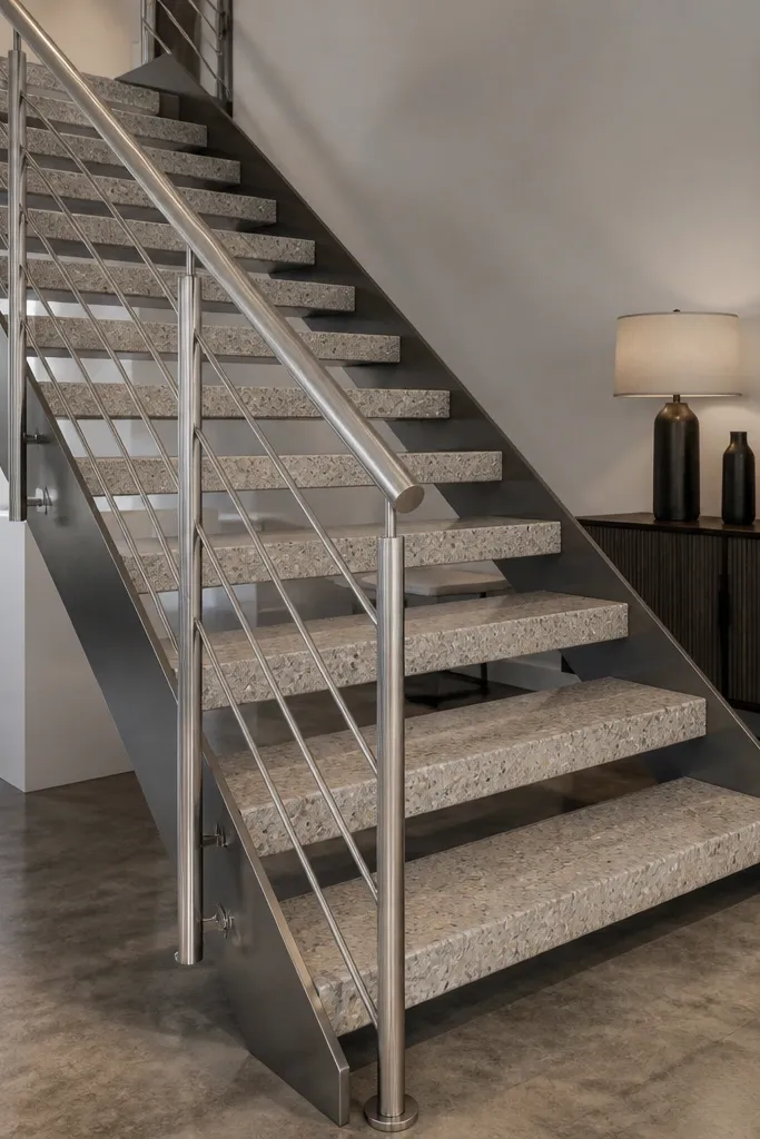 Terrazzo-look composite spiral staircase with satin chrome rail