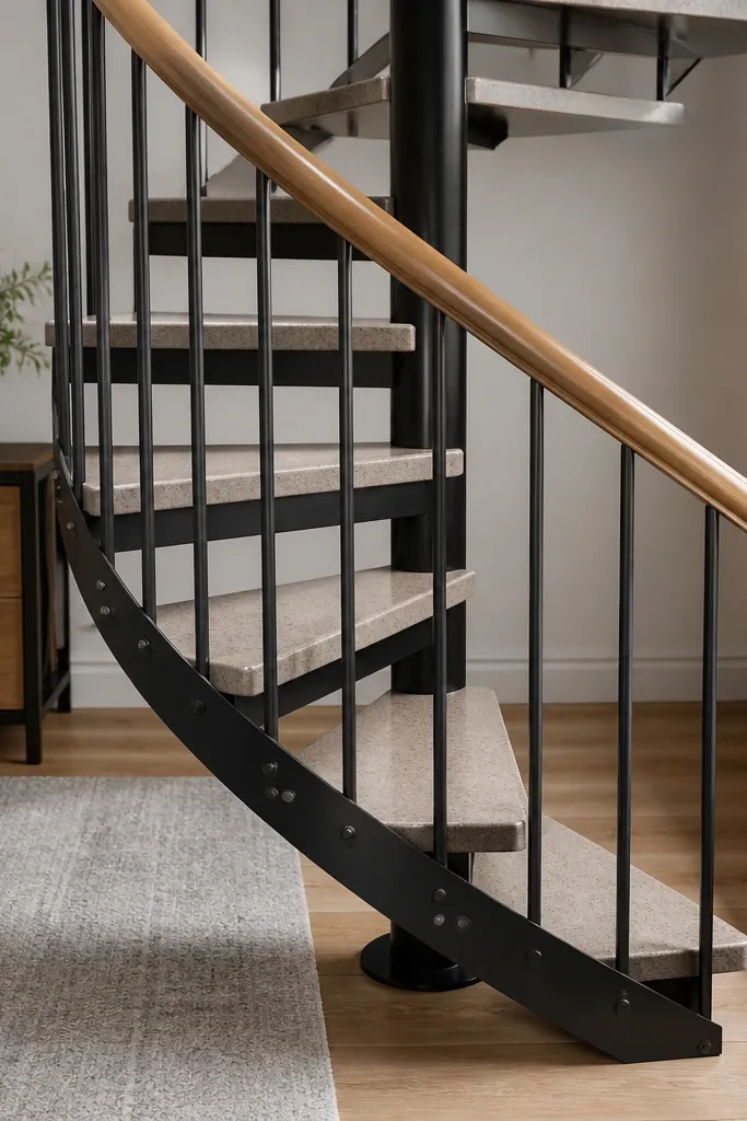Steel spiral staircase with light stone-effect laminate treads and an oak-color handrail wrap