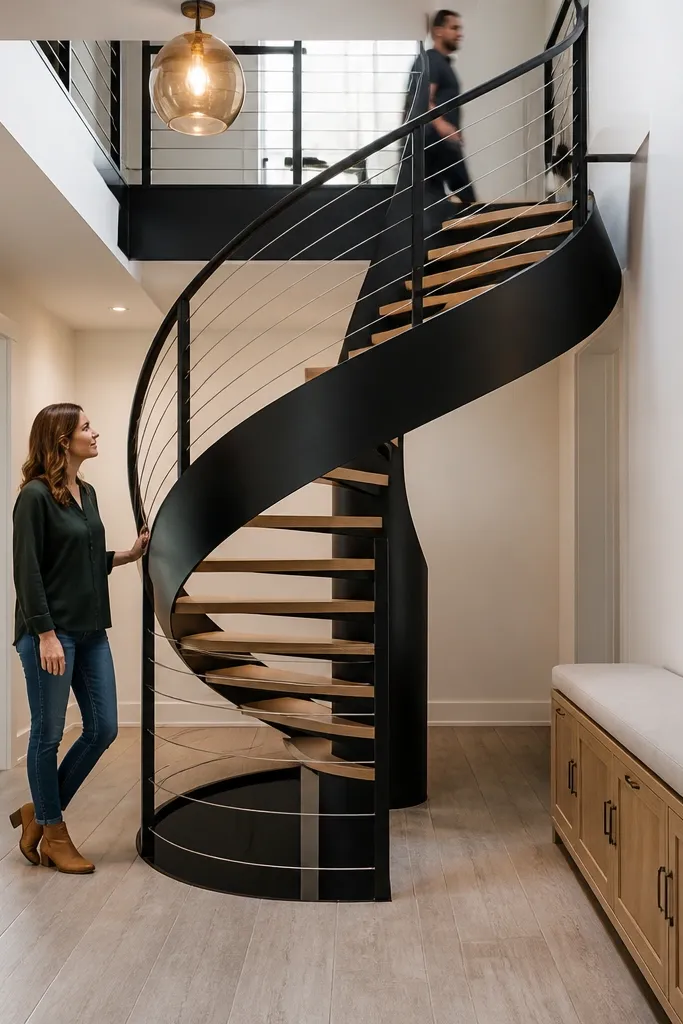 Black spiral staircase with white oak treads and a cable-style handrail