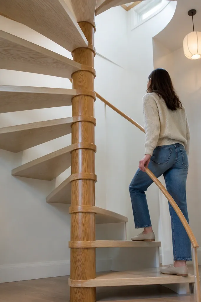 Light ash treads with a warm oak center pole and minimal railing