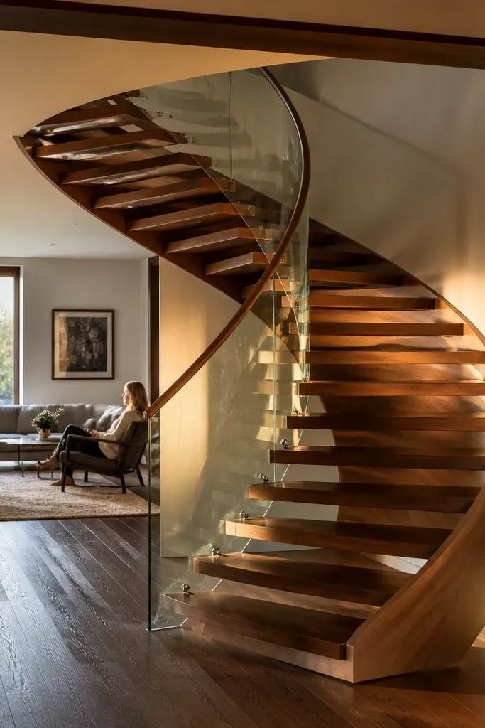 Dark walnut spiral steps with a clear glass guard and simple handrail