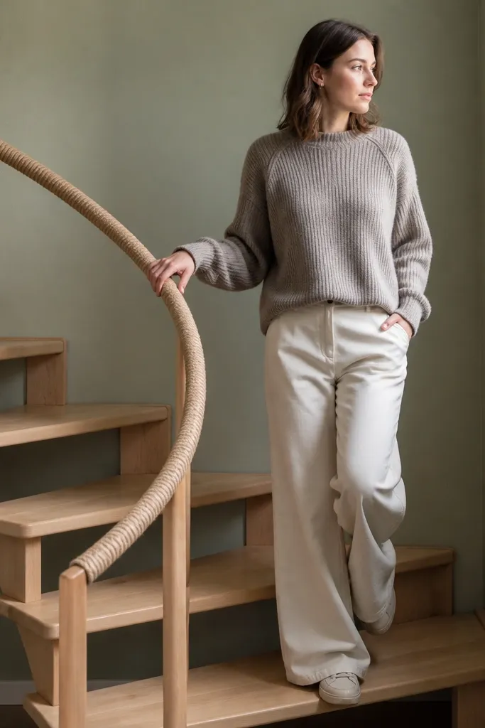 Natural beech spiral stairs with a simple rope-like handrail