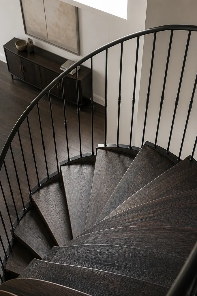 Smoked oak treads with black steel spindles and matte handrail