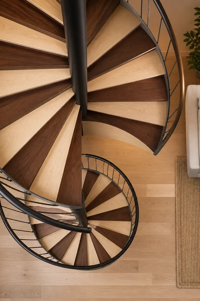 Alternating maple and walnut spiral treads with minimal guard