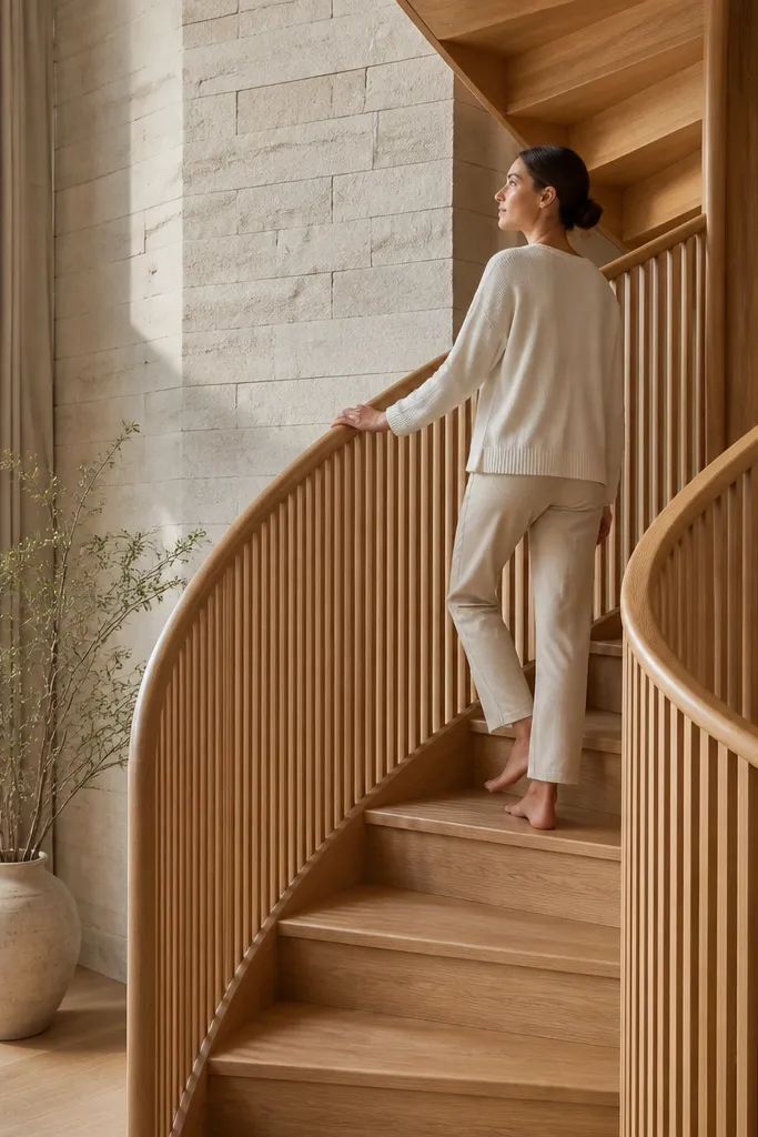 Wood spiral stairs with vertical slat guard and matte handrail