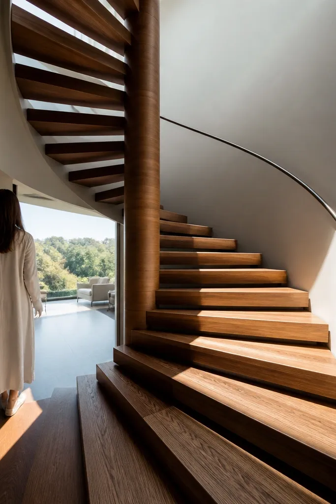Walnut spiral stairs with center pole and minimal rail