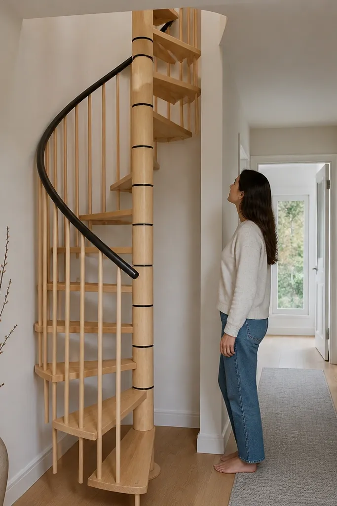 Light birch spiral staircase with narrow railing and clean lines