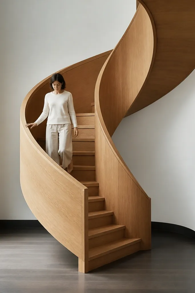 Oak spiral stairs with hidden screws and a continuous outer rail