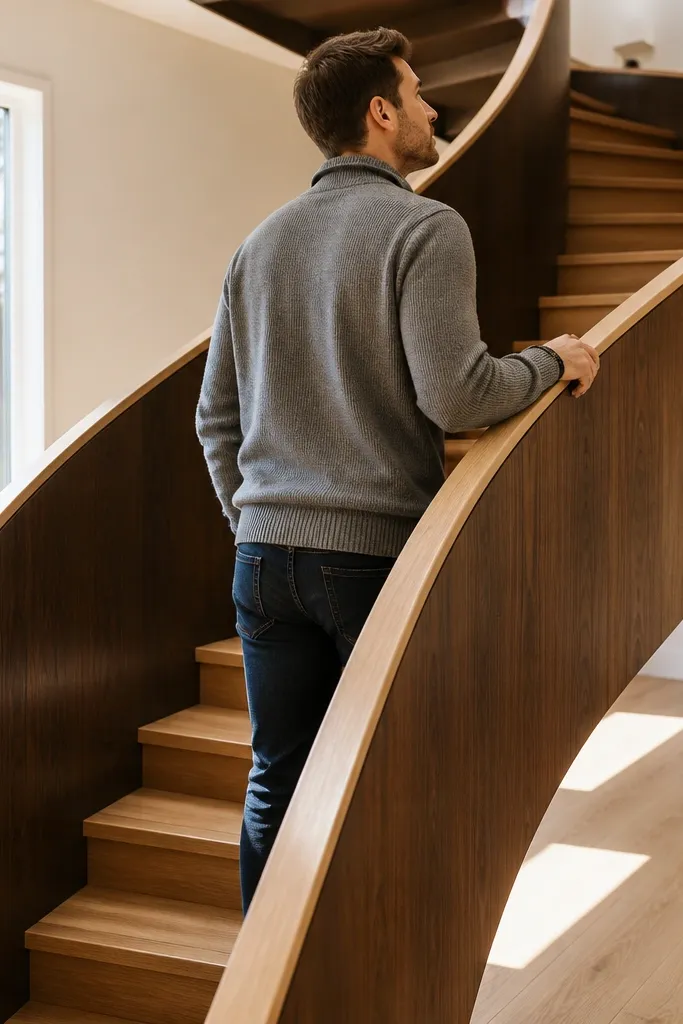 Maple handrail and walnut outer ring on a minimalist wooden spiral stair