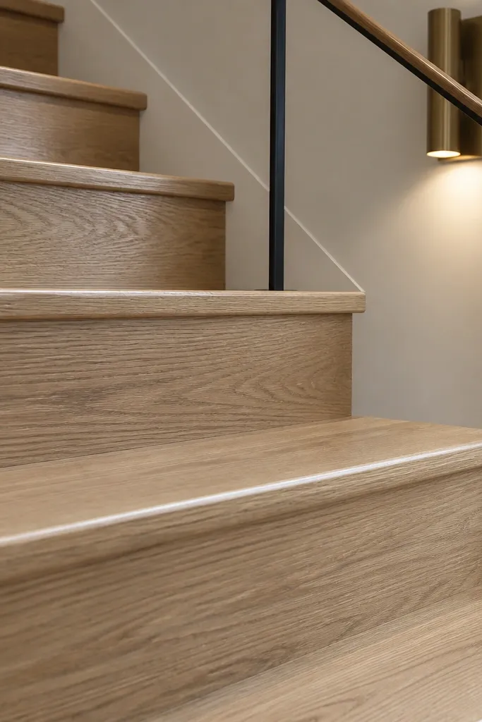 Quarter-sawn white oak spiral stairs with chamfered tread edges