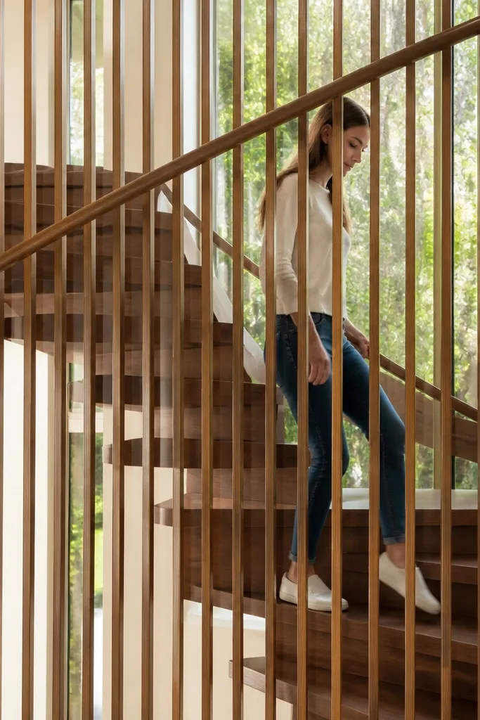 Walnut spiral staircase with slim wooden balusters in a tight grid