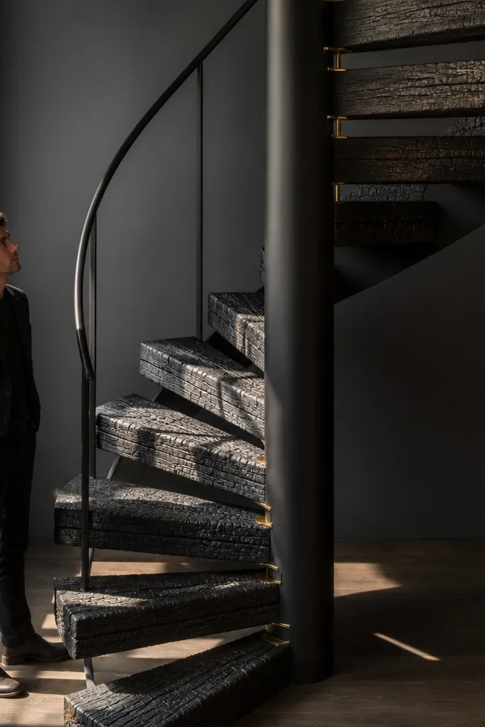 Charred oak spiral stairs with tiny brass brackets and matte finish