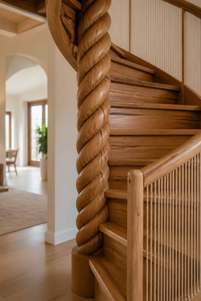 Honey oak spiral stairs with rope-twist newel and a pale linen guard panel