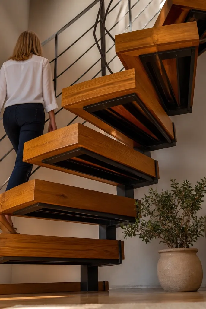 Wood treads attached to a dark steel spiral frame with a central column