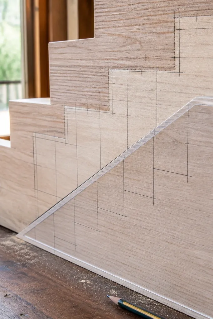 Wood stringers with evenly spaced step cut lines and installed treads