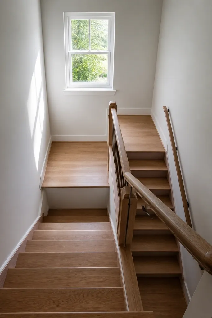 Two straight stair runs meeting at a corner landing with a handrail