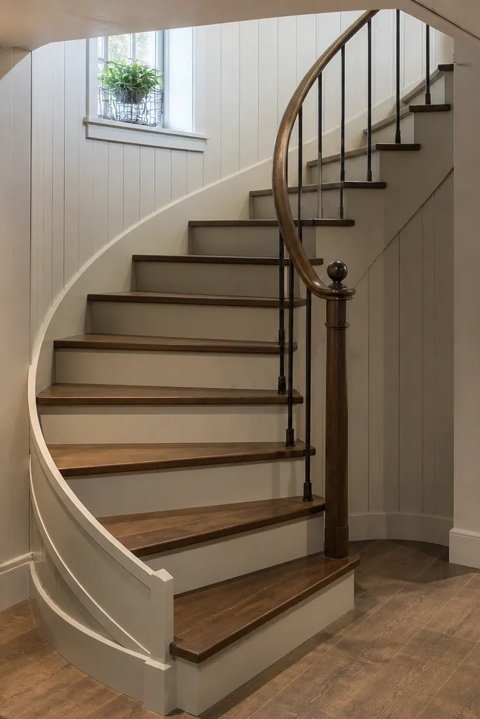 Spiral staircase with enclosed risers and a smooth handrail