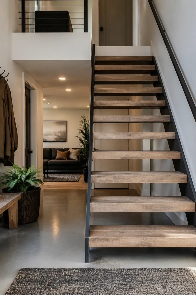 Straight staircase with visible space under steps and uniform treads