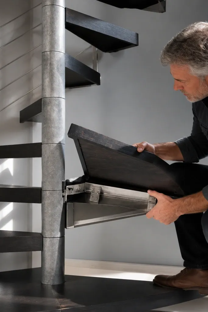 Spiral staircase with treads that lift out from brackets on a central frame