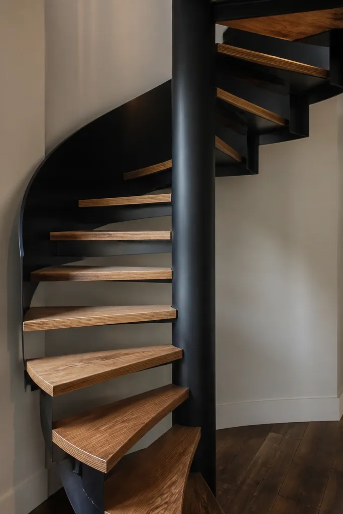 Matte black spiral staircase with stained plywood steps and a simple black handrail