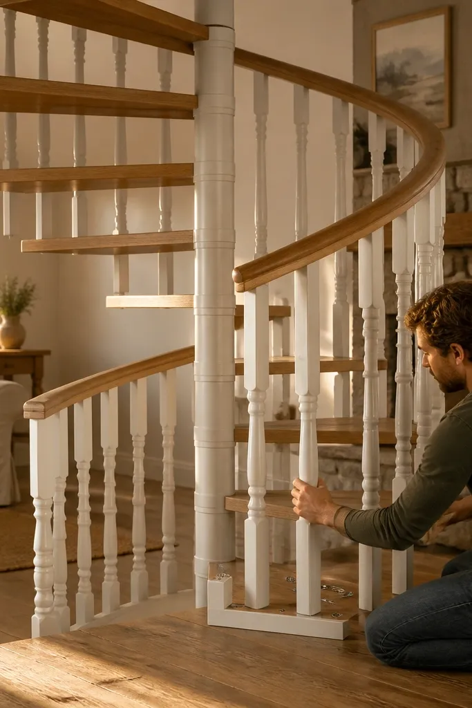 White spiral staircase steps with small painted wood spindles and a simple handrail