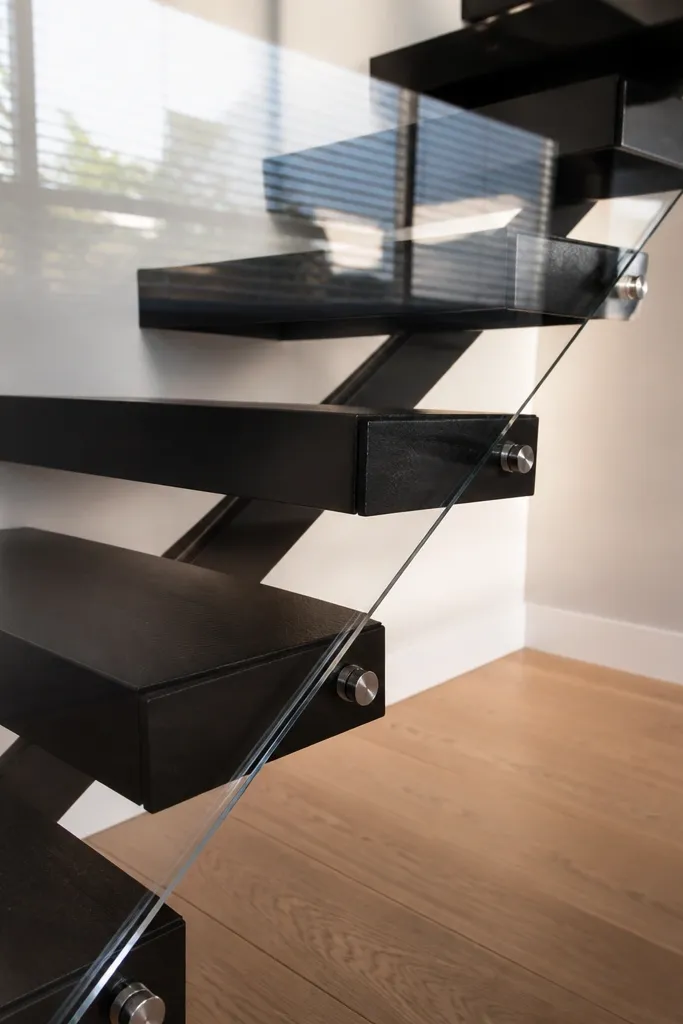 Black metal spiral staircase with clear panels along the outer edge