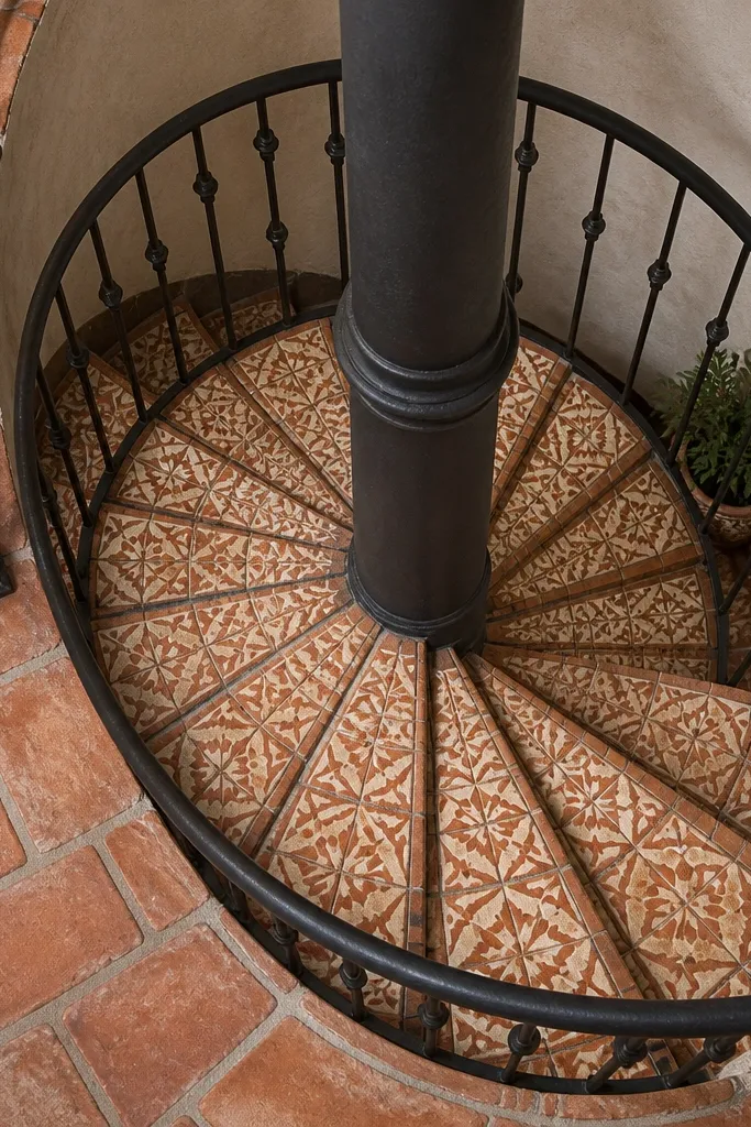 Spiral staircase with terracotta and cream tile treads and a matte iron center column