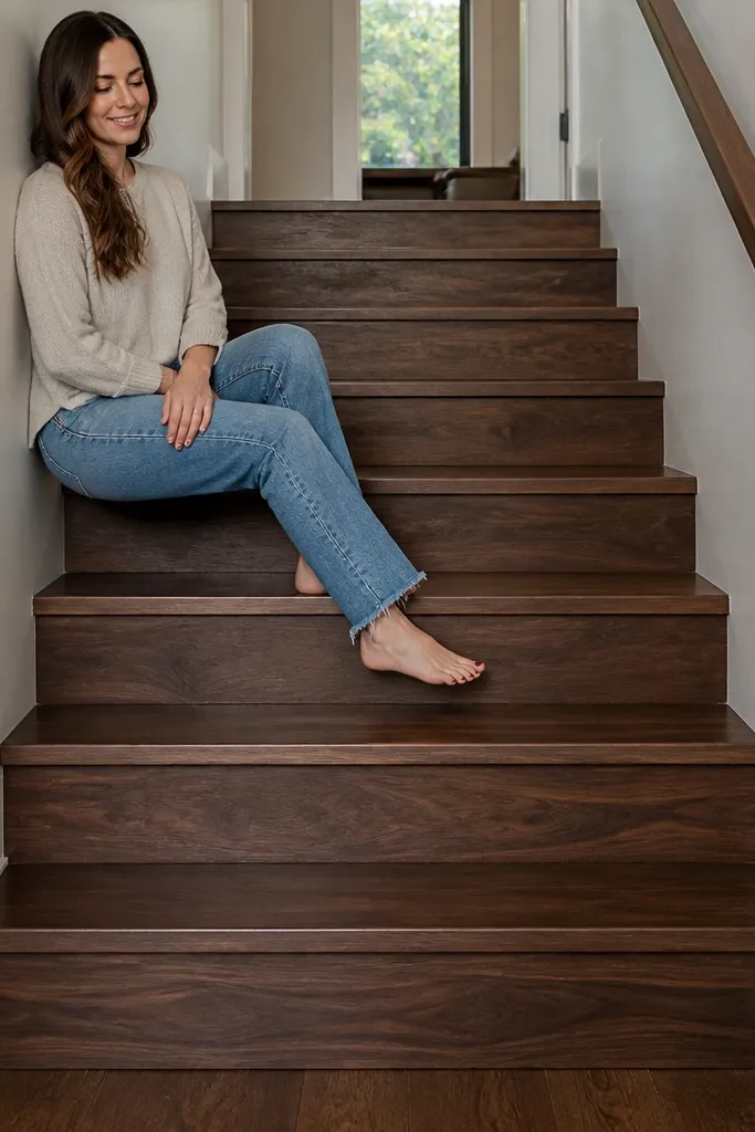Walnut-stained spiral staircase with boxy steps and a subtle toe-kick lip