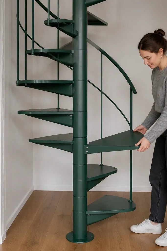 Spiral staircase with a central rail and treads that look like separate bolt-on plates