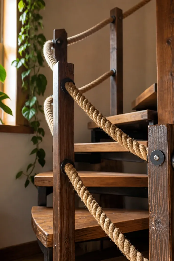 Wood spiral staircase with a rope-style handline wrapped around the railing posts