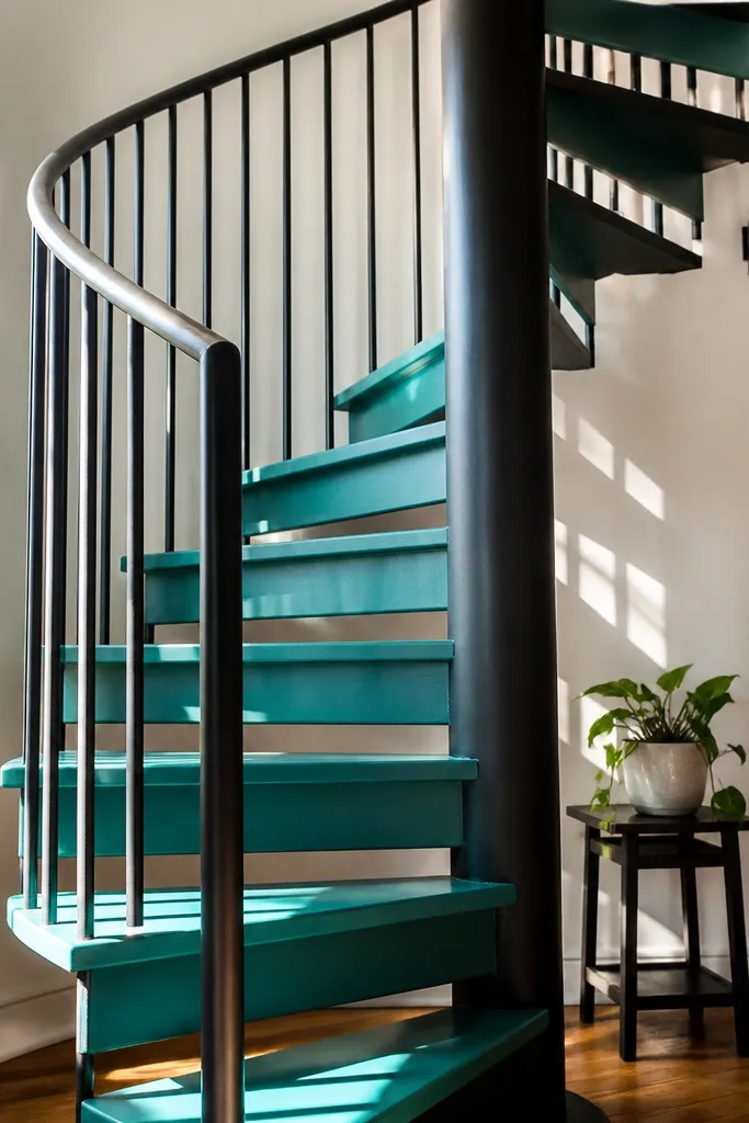 Teal painted spiral staircase steps with matte black center column and handrail