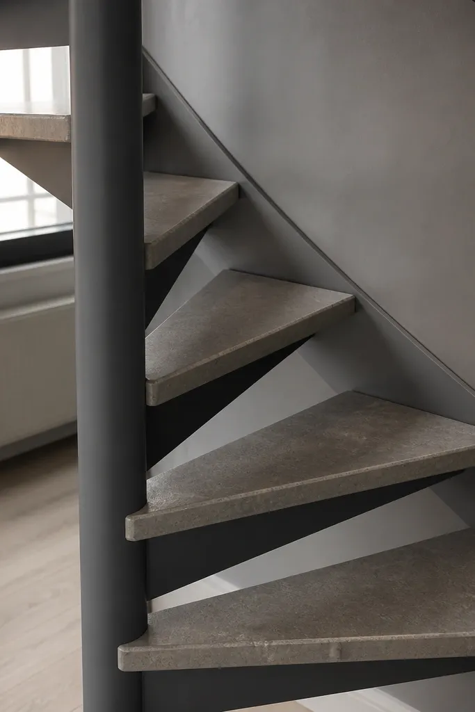 Gray spiral staircase with concrete-look vinyl caps on each step