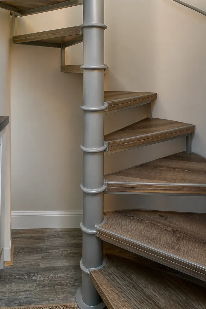 Metal spiral staircase with faux-wood wrap covering the step surfaces