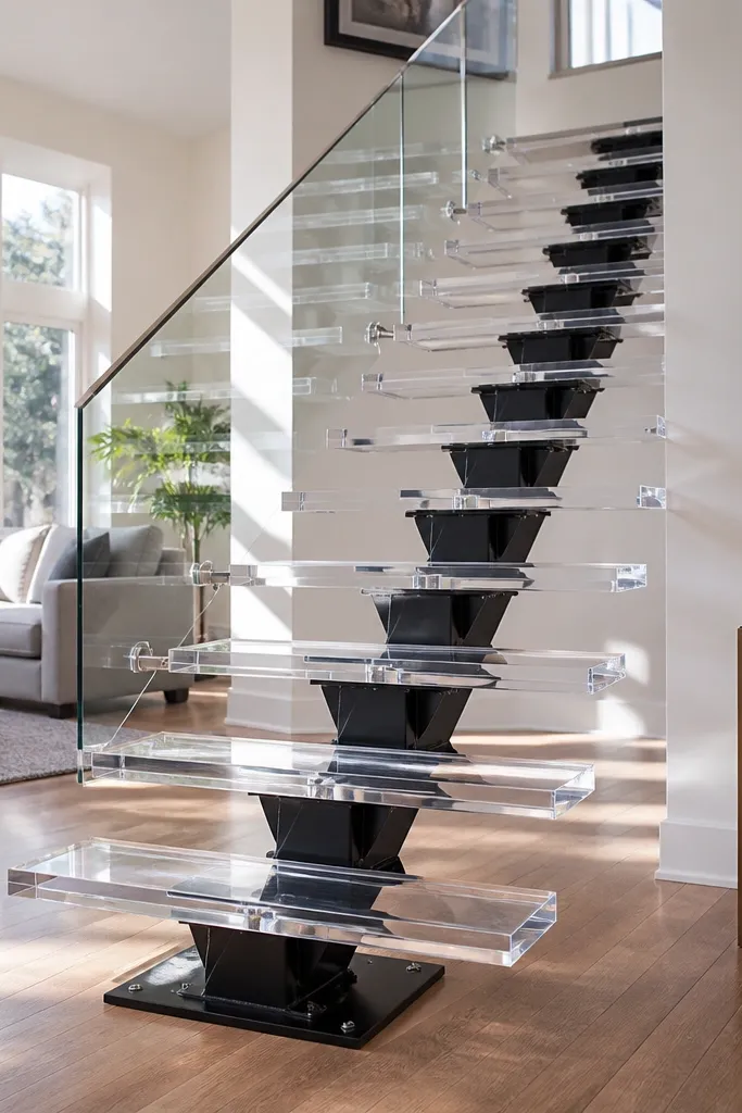 Clear polycarbonate covers on spiral staircase steps with a dark center column