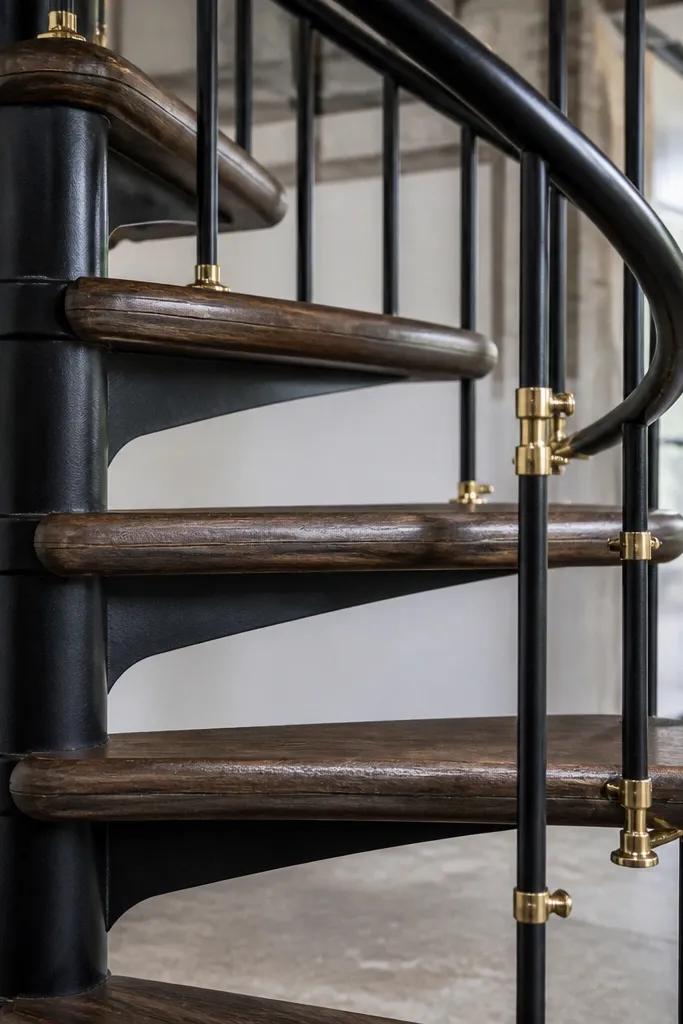 Spiral staircase with turned wooden treads and small brass accents around the handrail