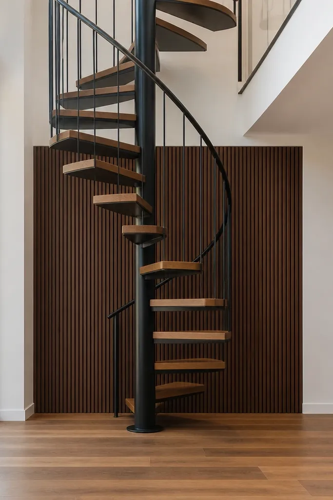 Spiral staircase in front of removable wood slat panels with a dark center column