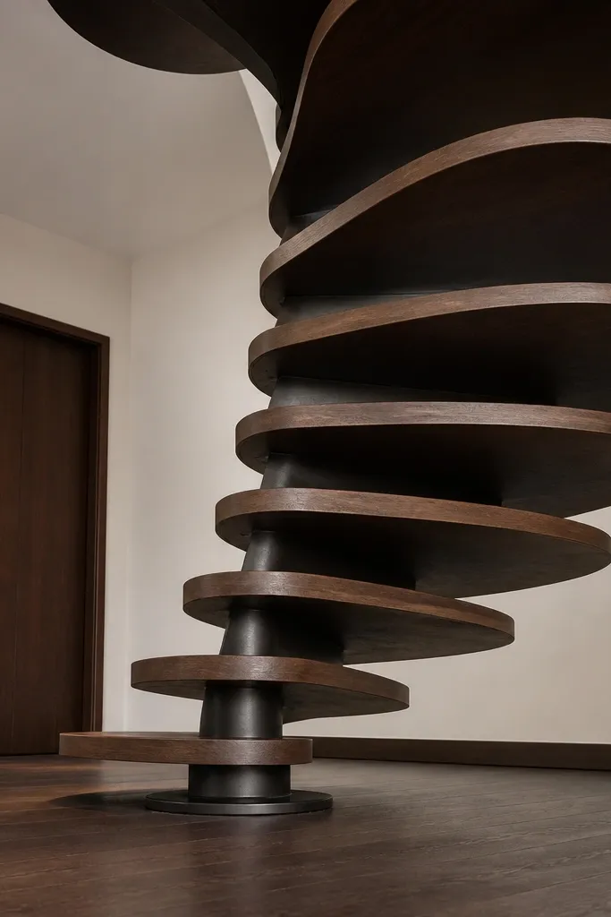 Spiral staircase with steps that look floating, matching paint on brackets and treads